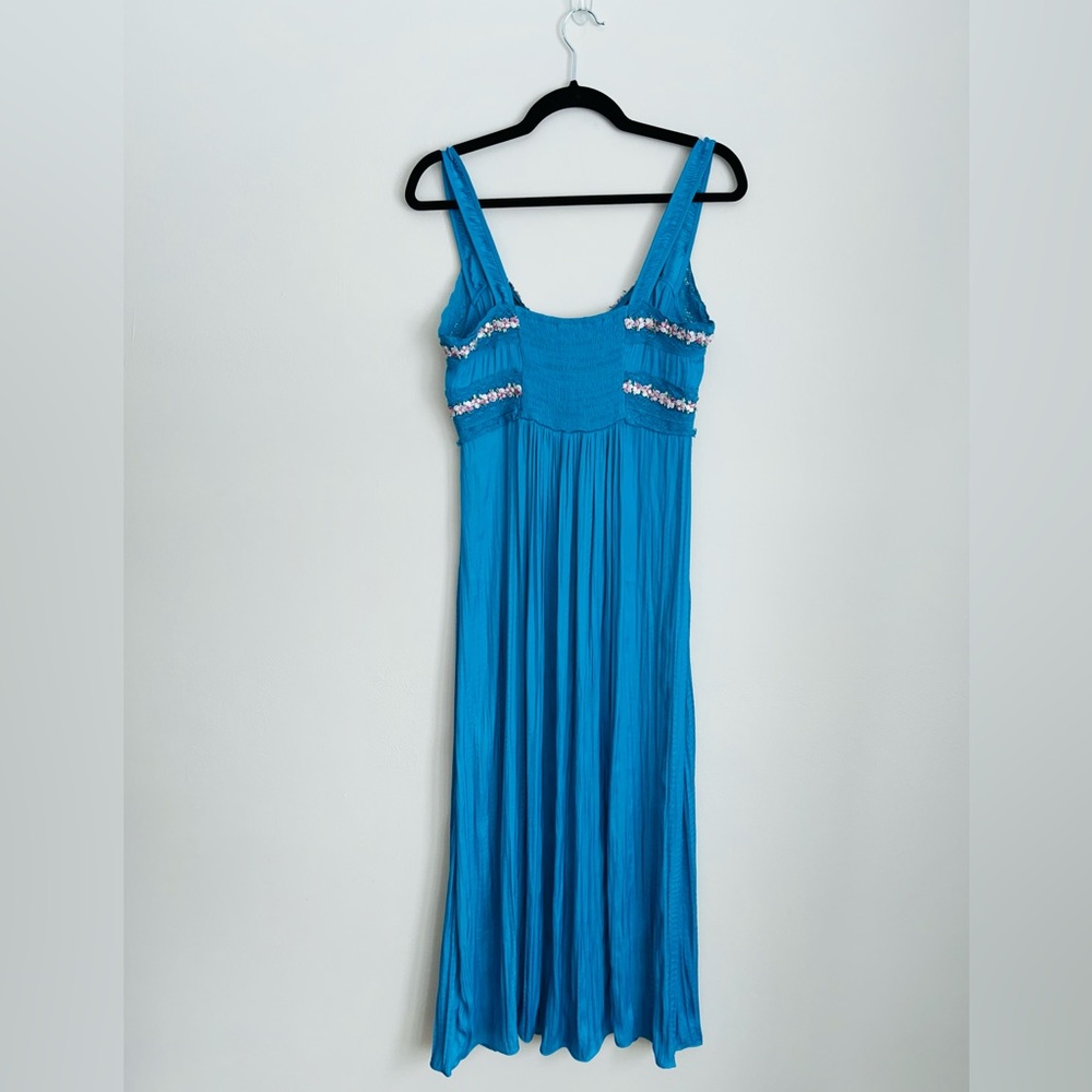 Betsey Johnson Teal Empire Waist Maxi Dress Floral Trim Size M - Picture 4 of 8